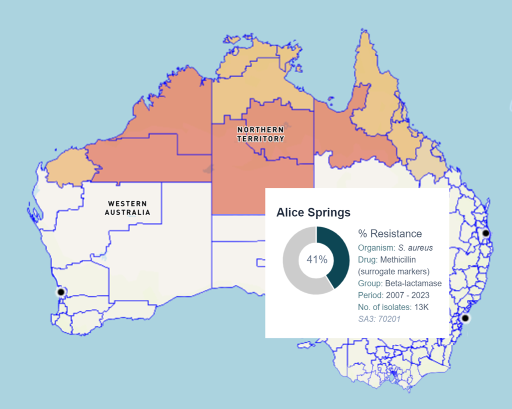 A screenshot from the HOTSpots dashboard showing a digital map of Australia, indicating levels of drug resistance in Indigenous communities.