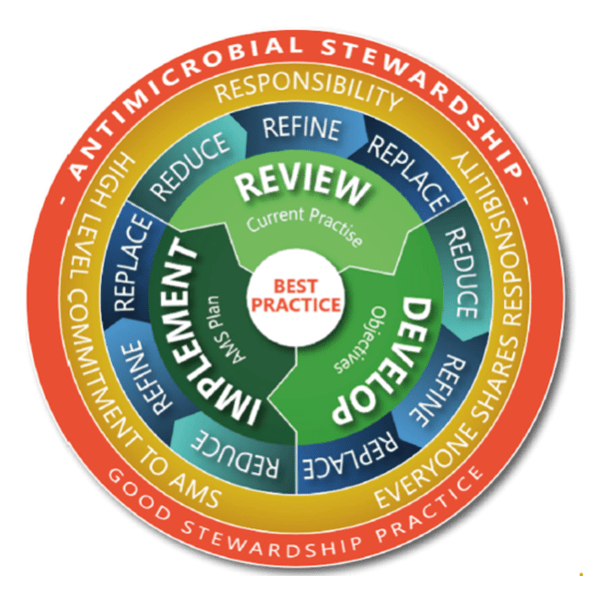 An infographic outlining the principles of good antimicrobial stewardship: Responsibility, Reduce, Refine, Replace, Review.