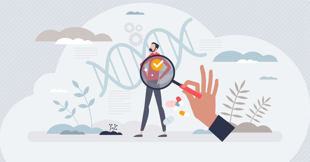 An illustration of a central figure surrounded by personalised medicine icons