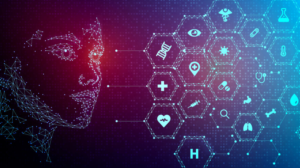 A stylised rendering of a human face and a series of health and medical themed icons.