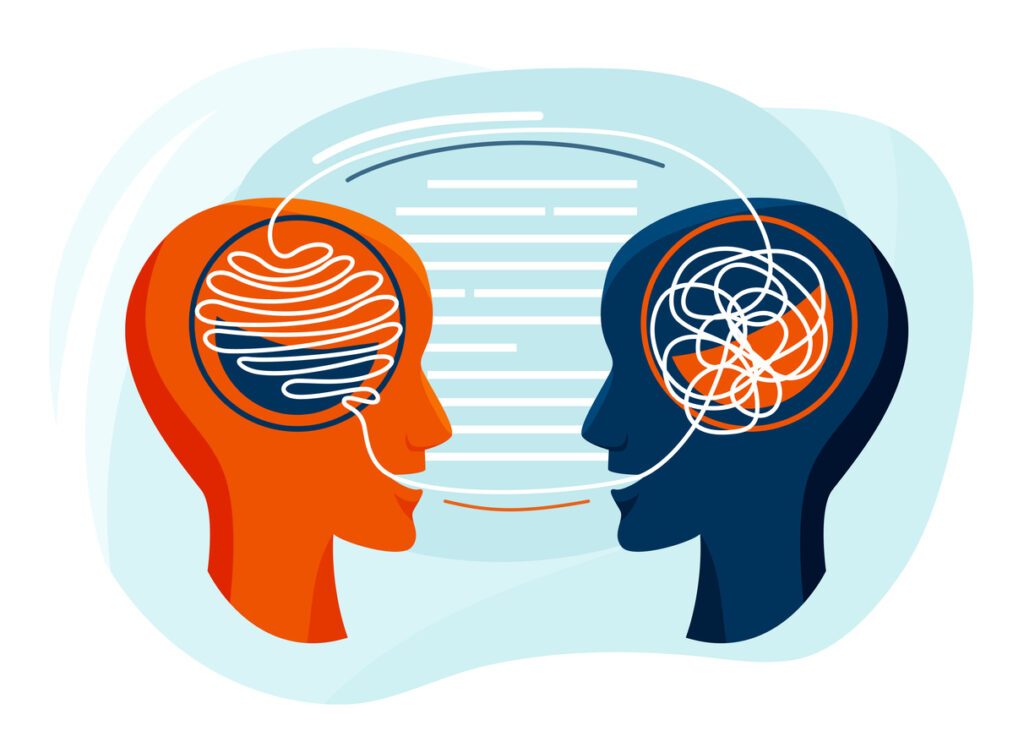 Two humans head silhouette use confusing language with each other